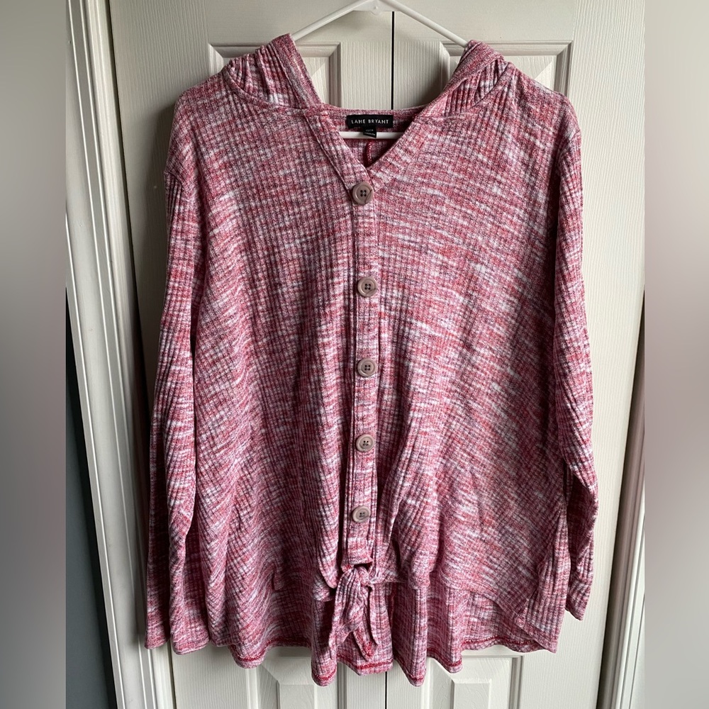 Lane Bryant Red Heathered Waffle Knit Hooded Button Down Long Sleeve Shirt 22/24